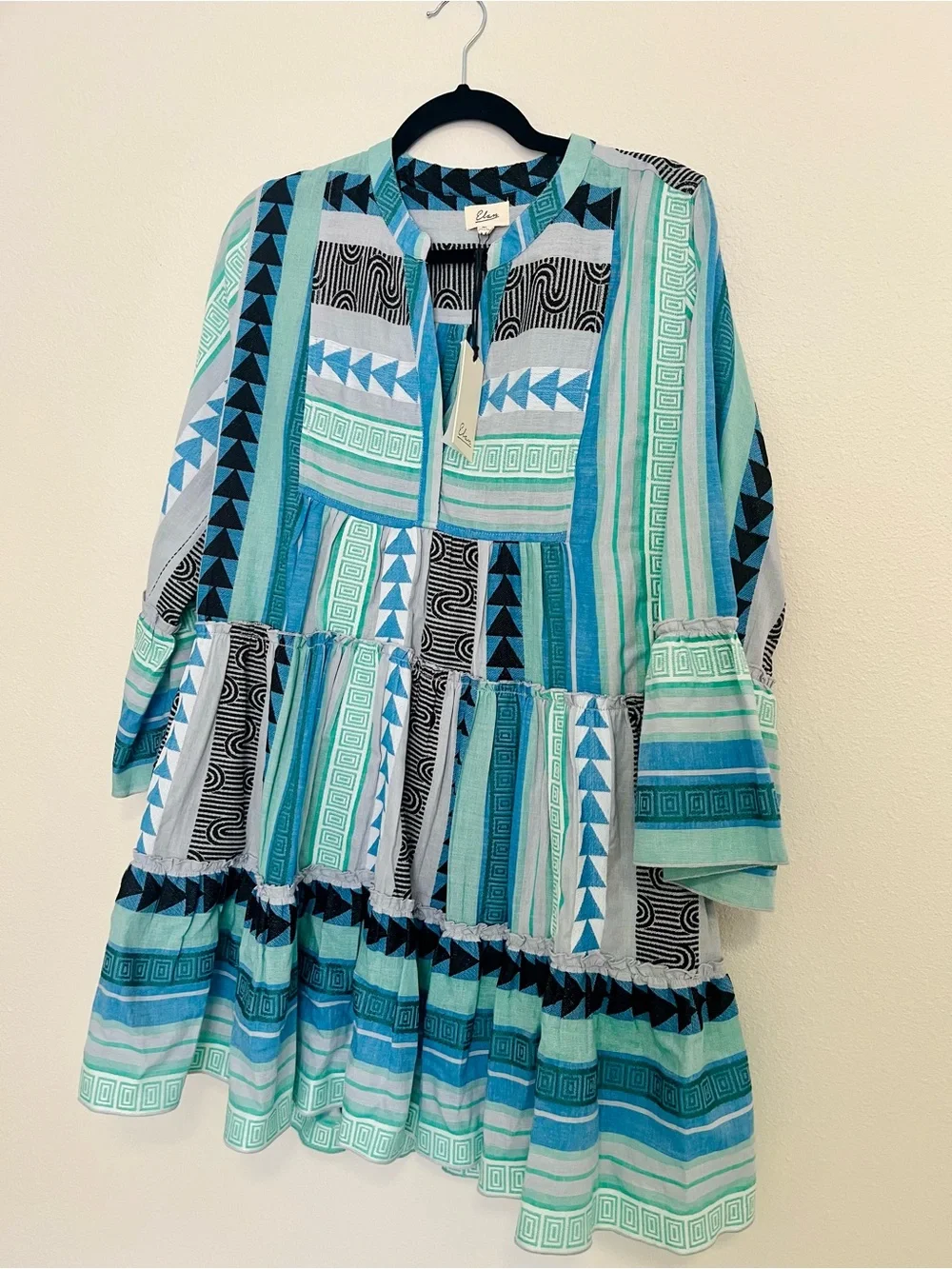 Elan Woman’s blue and green Boho Stripe Tiered Dress - Picture 4 of 8